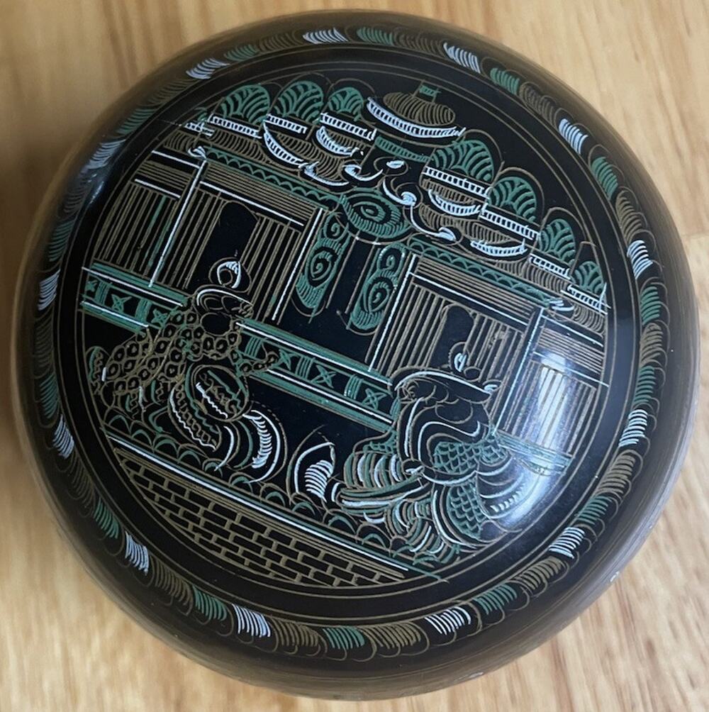 Vtg Burmese Lacquerware Trinket Box 4" Round Covered Bowl Bagan Burma Yun Art